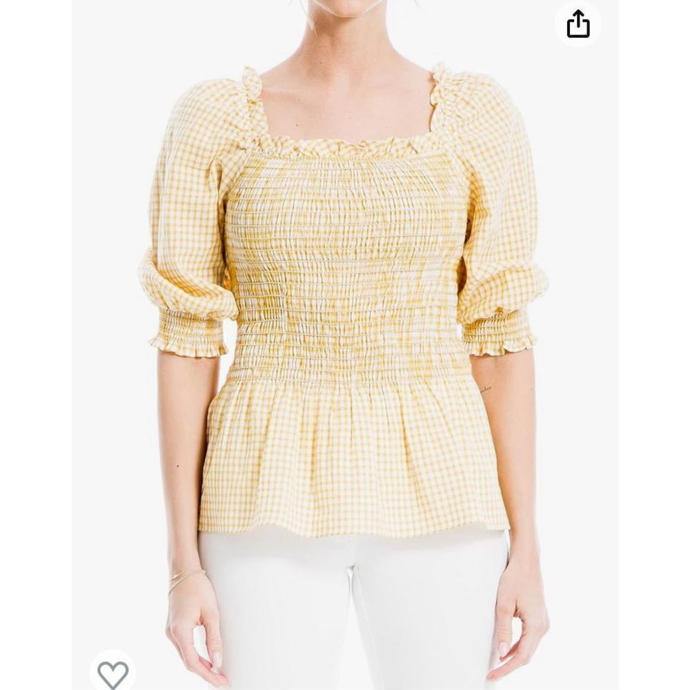 NWT Max Studio Gingham Peasant Smocked Peplum Top Size M‎
